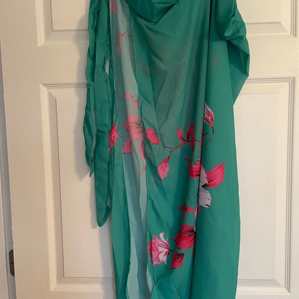 Bathing suit wrap coverup resort and beach-ware green w/pink floral pattern.